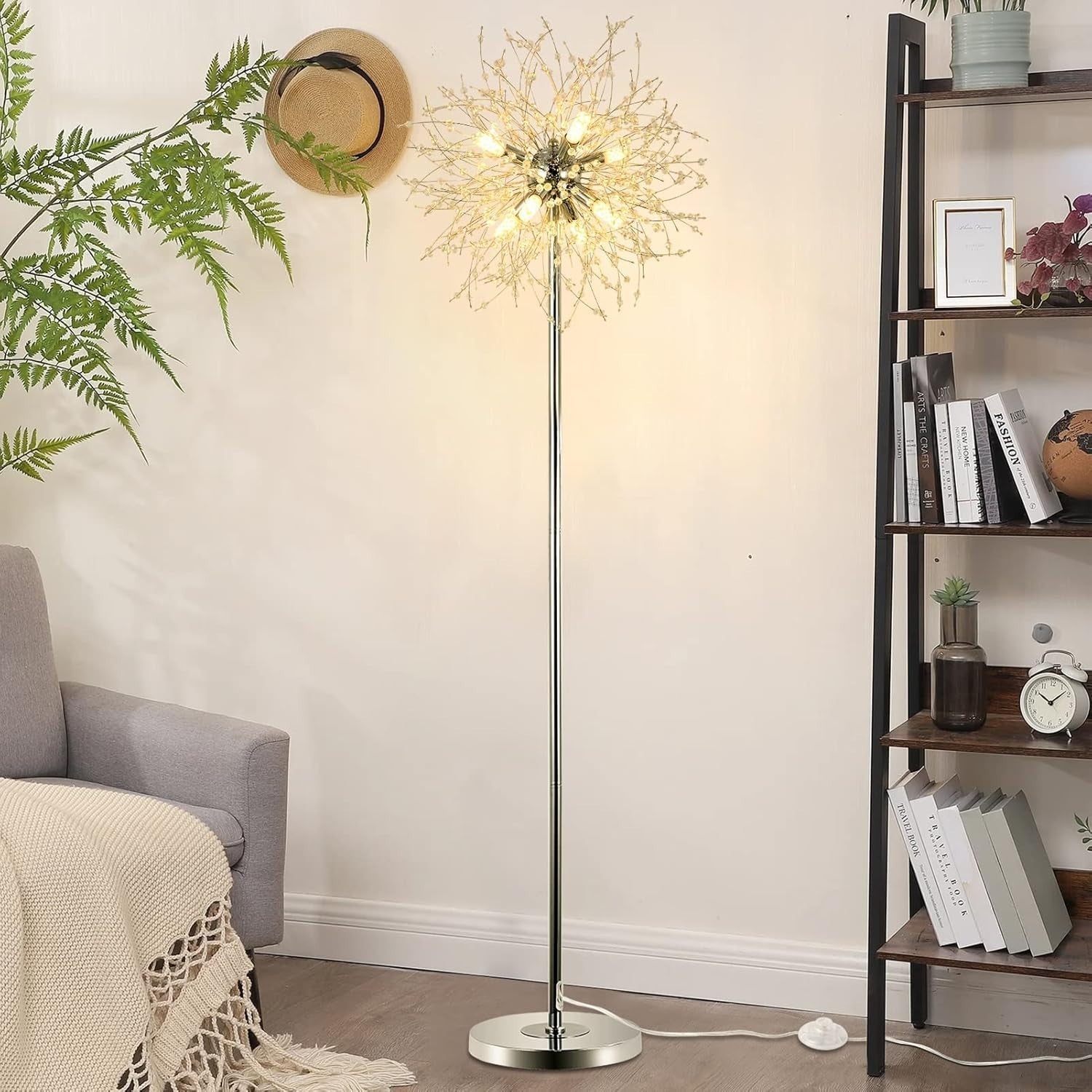 Modern Crystal Floor Lamp Chrome, 8-Light Firework Design, 170cm Tall