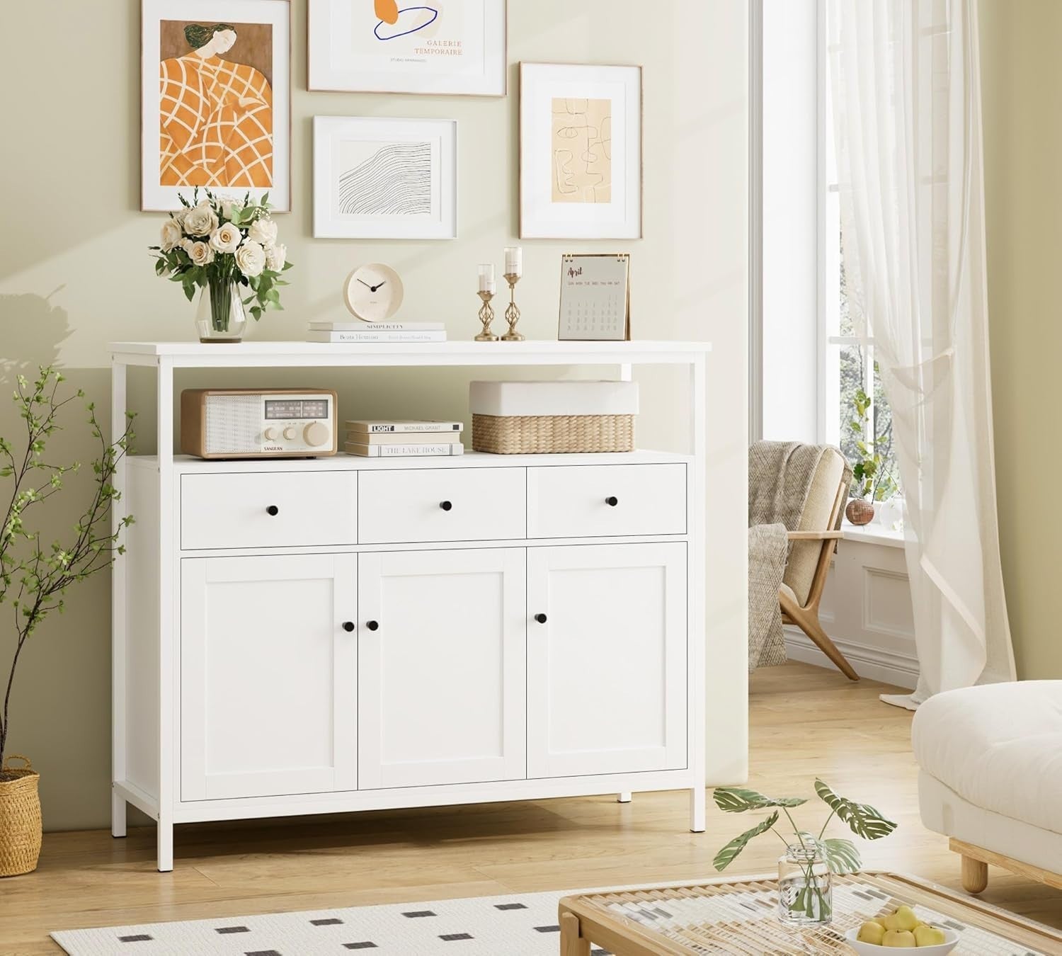 White Sideboard Storage Cabinet 98.5cm Kitchen Cupboard Drawers Shelves