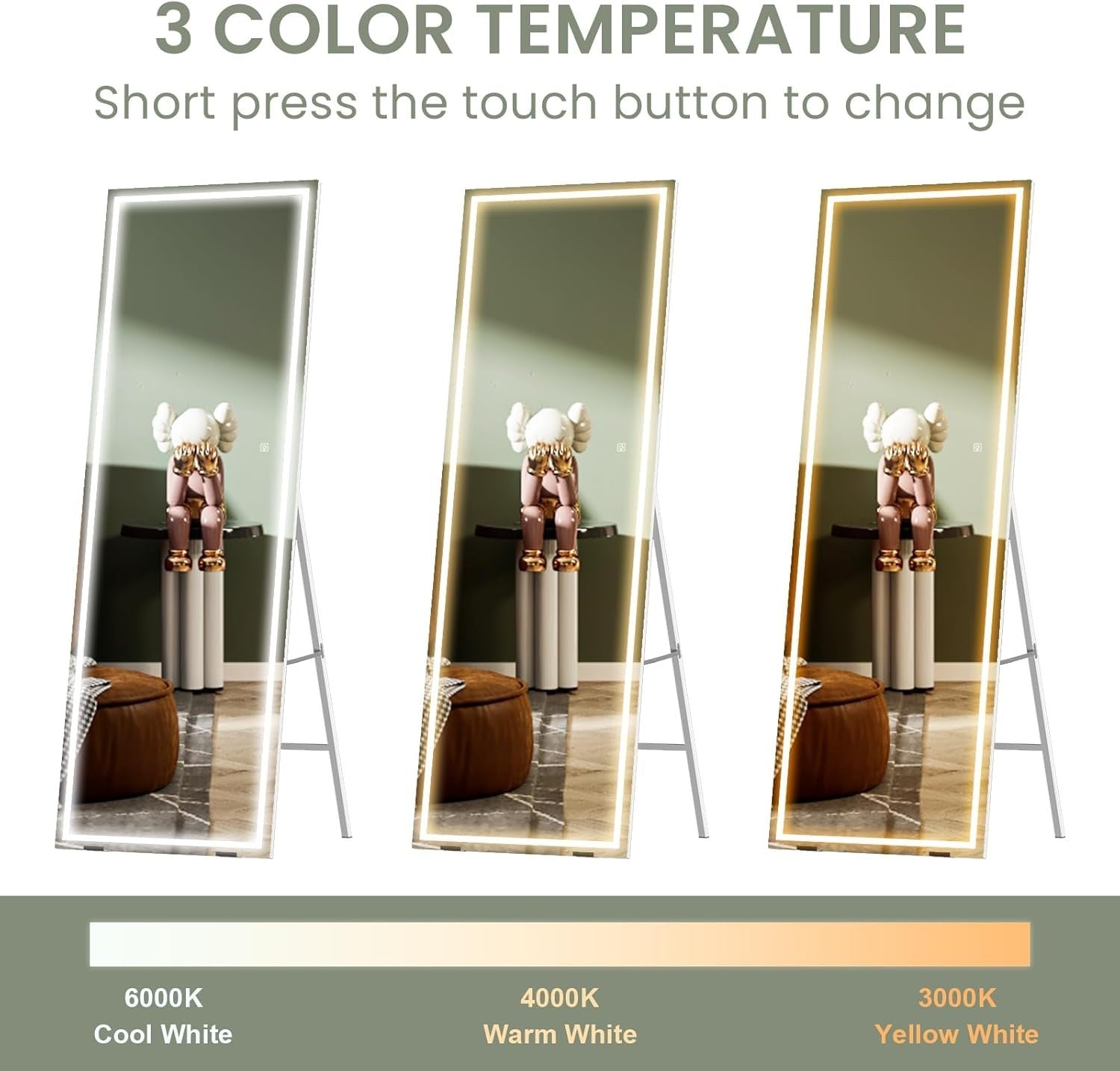 LED Full Length Mirror 140x40cm Wall Leaner with 3-Colour Touch Lights
