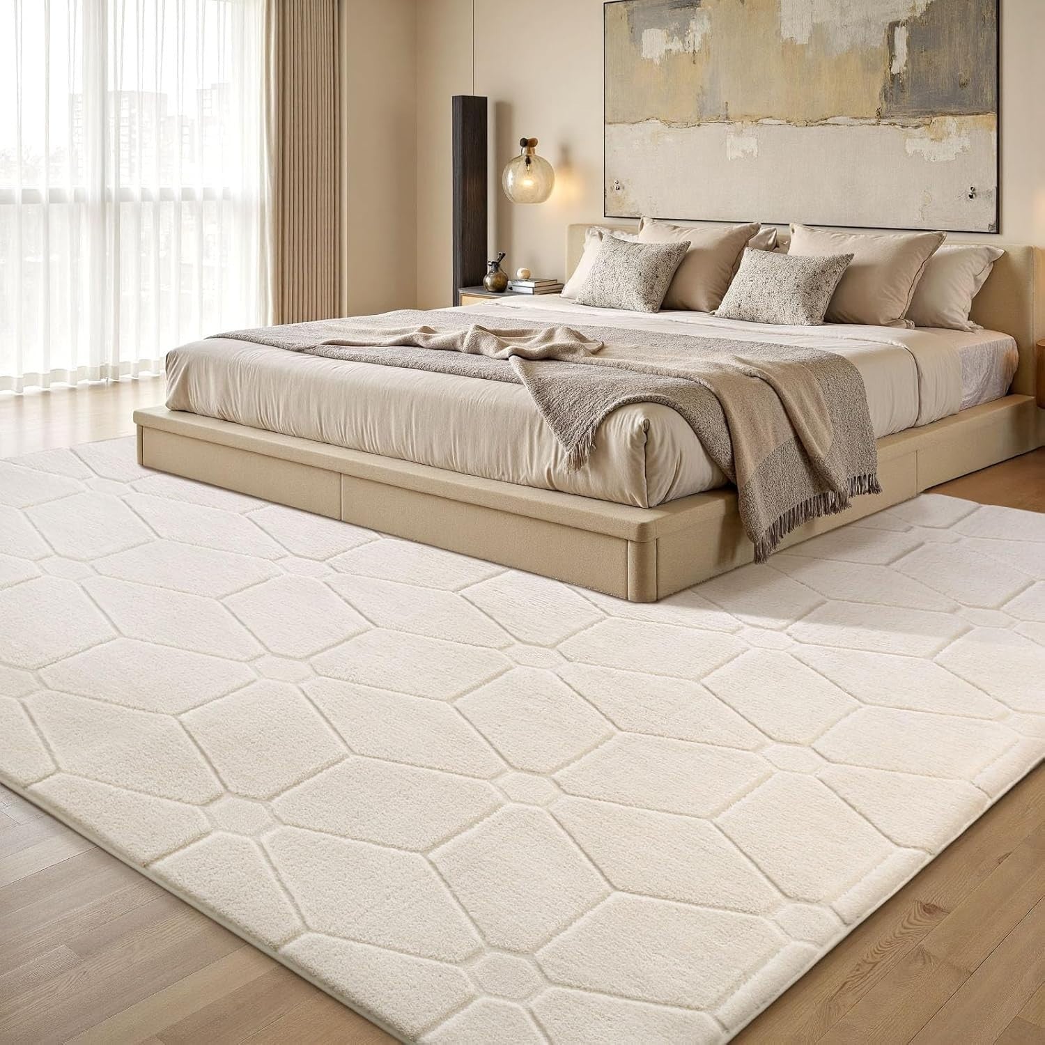 Cream Area Rug 120x170cm Short Pile Washable Anti Slip Living Room Bedroom