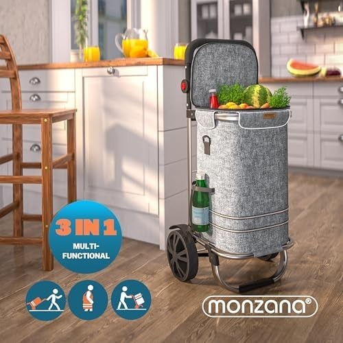 Foldable 3-in-1 Grey Shopping Trolley with Cooler Bag – 56L, 50kg Load