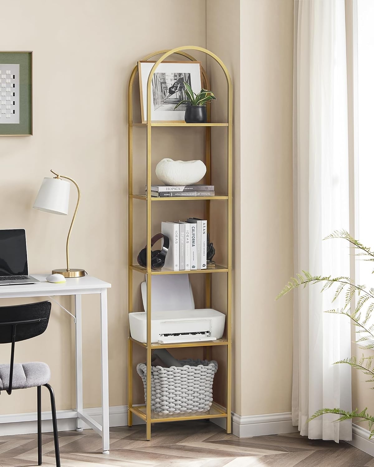 5-Tier Gold & Glass Shelving Unit Tall Arched Display Rack for Modern Homes
