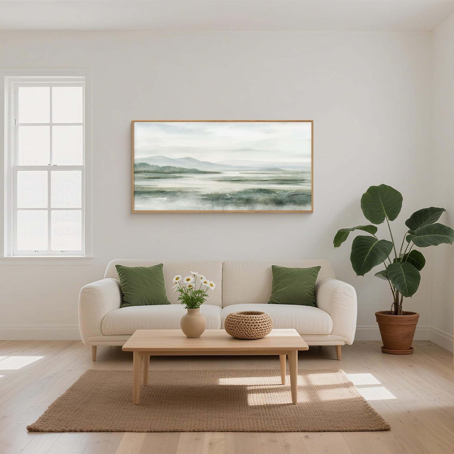 Large Green Mountain Canvas Wall Art Watercolor Landscape Framed 20x40