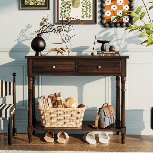 Solid Wood Console Table 90x35x77cm with 2 Drawers & Large Storage Shelf