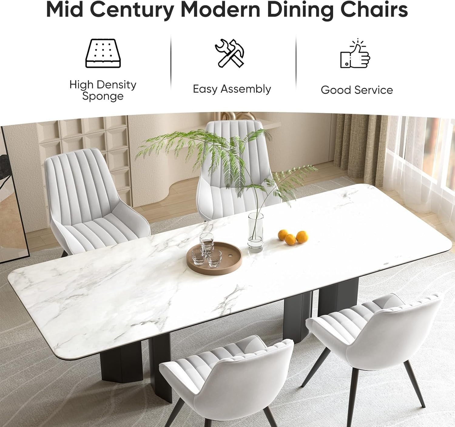 Set of 4 Modern Upholstered Dining Chairs | Thick Cushions, Metal Legs