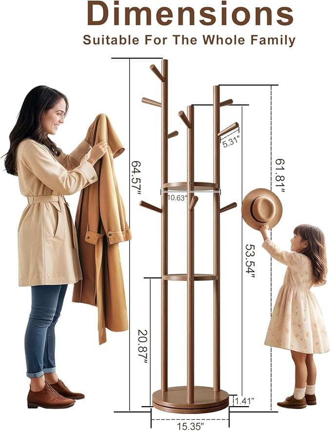 Walnut Wooden Coat Rack Stand with 3 Shelves | Rotating 9 Hooks Hall Tree