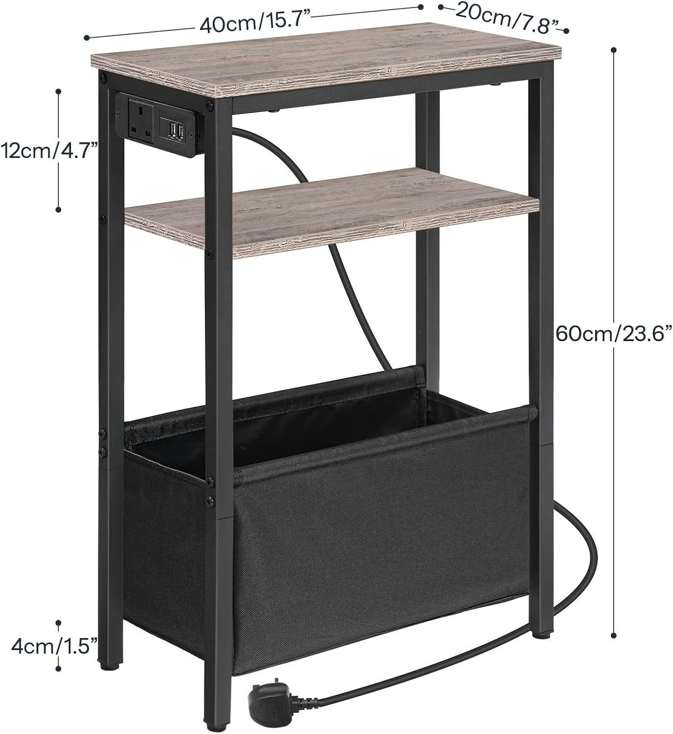Slim Charging Side Table with USB Ports & Power Outlet, Greige Storage