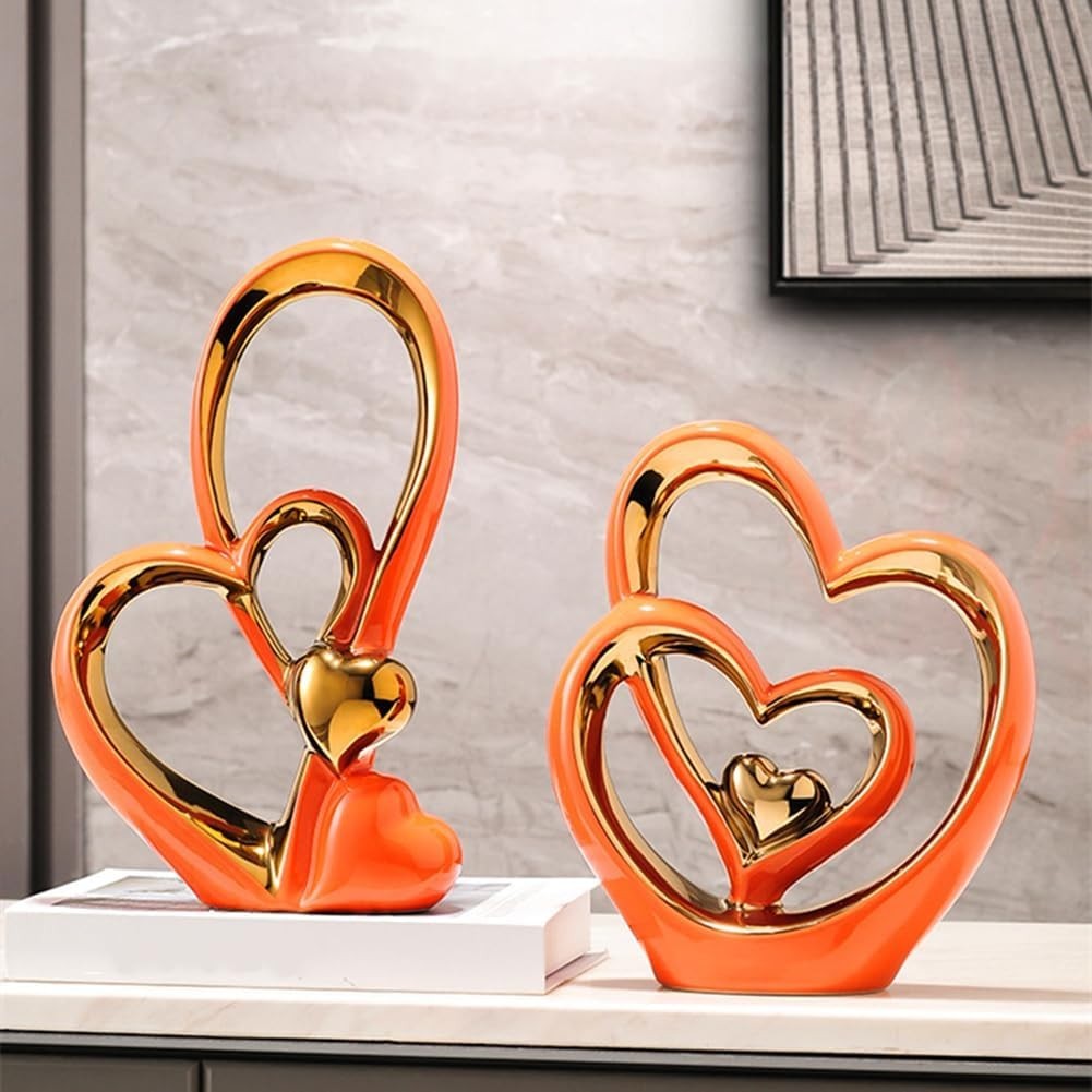Modern Double Heart Ceramic Sculpture Gold Accent Ornament Romantic Home Decor
