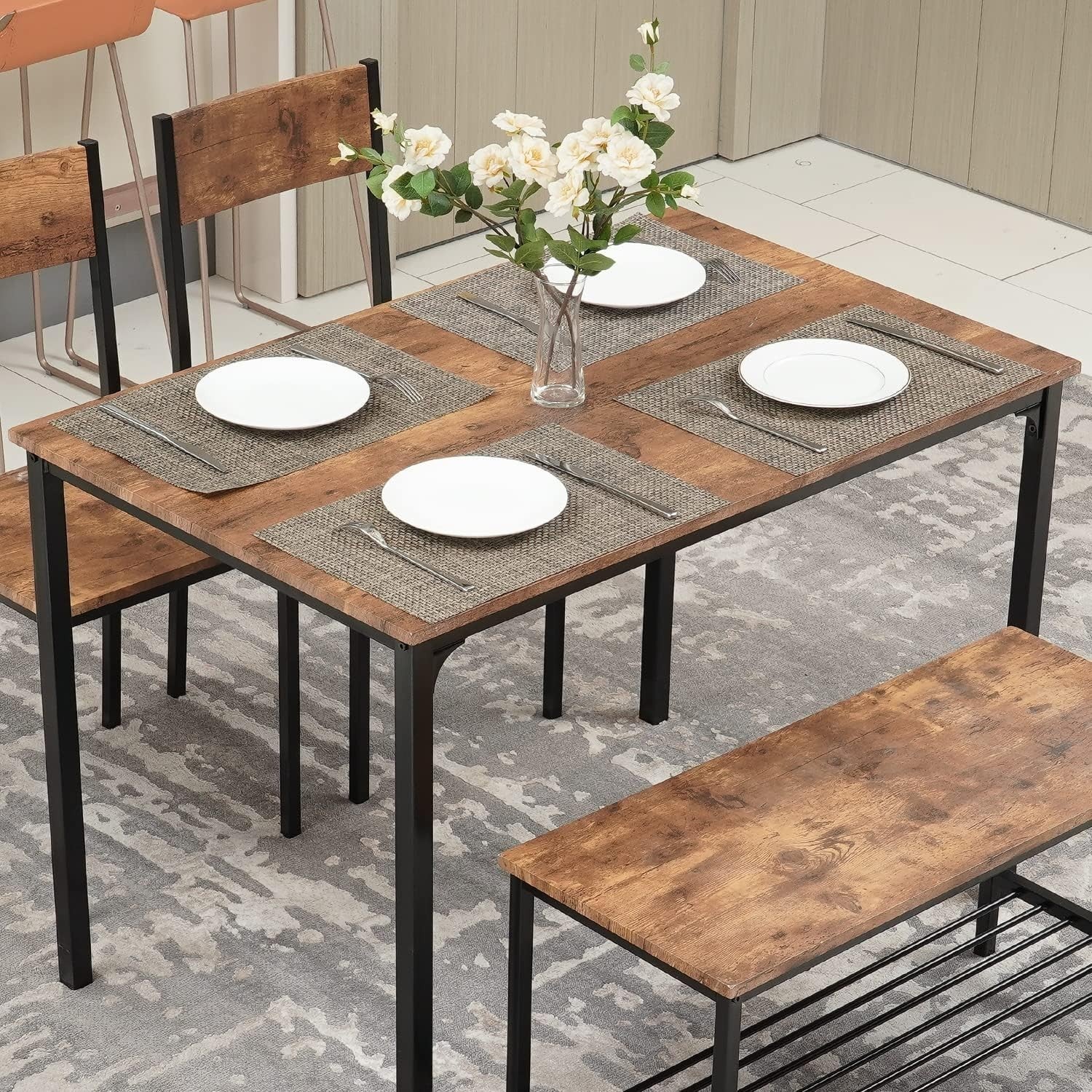 Rustic Dining Table Set with Bench & 2 Chairs – Space-Saving Kitchen Furniture
