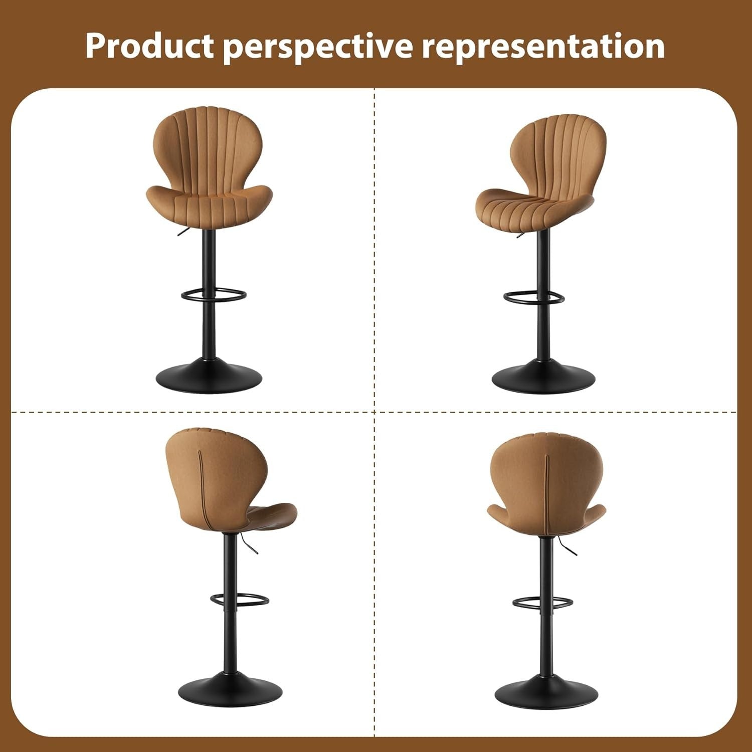 Brown Fabric Bar Stools Set of 2 Swivel Wooden Metal Counter Chairs