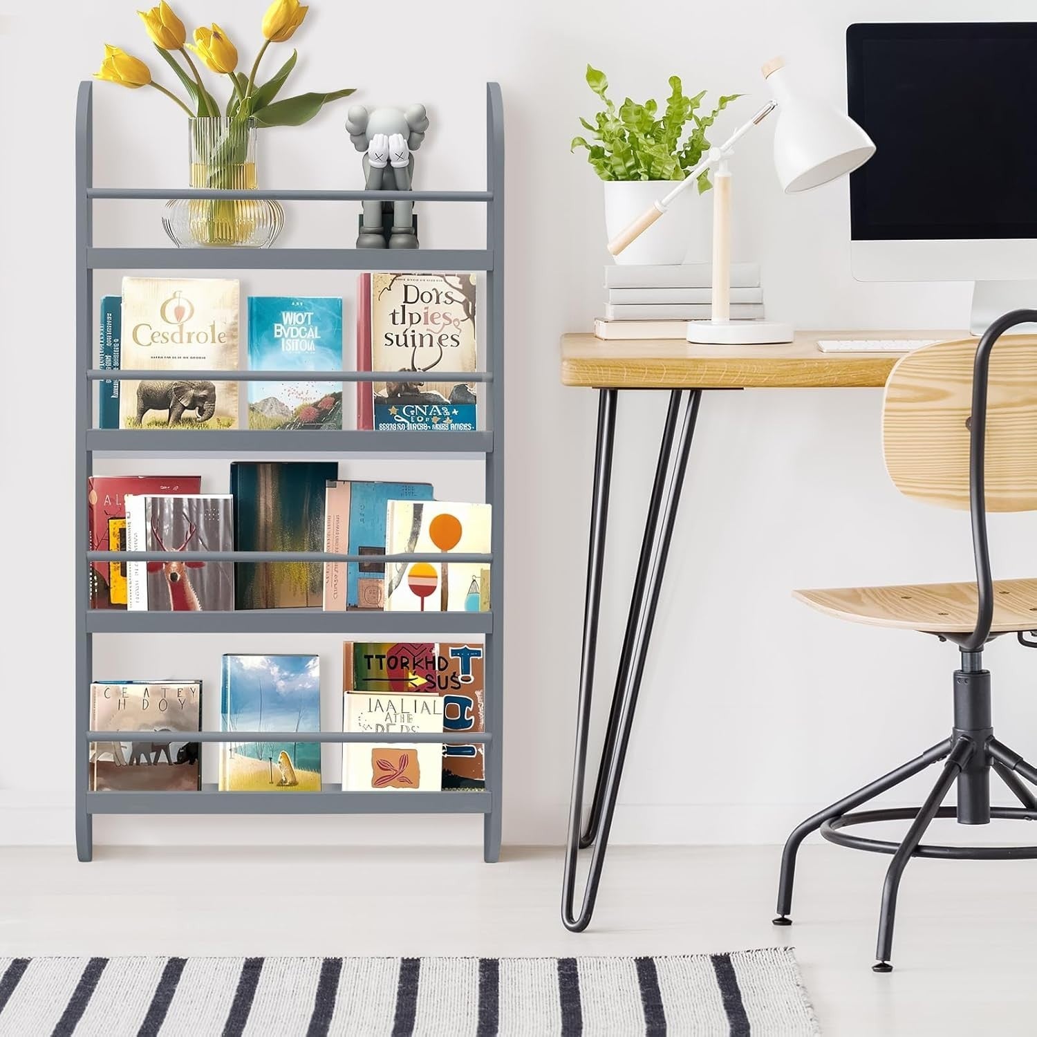 Modern 4-Tier Kids Bookshelf Wooden Storage Rack 117x60x10cm Grey