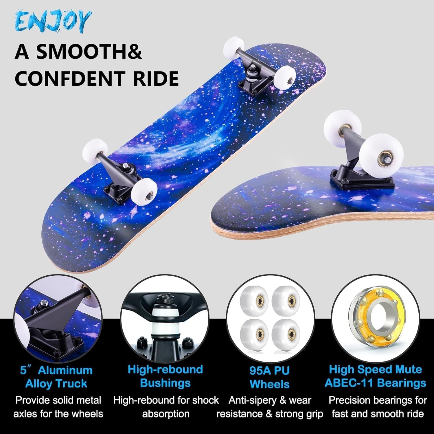 31in Complete Skateboard Maple Double Kick Trick Board Adults & Teens Star