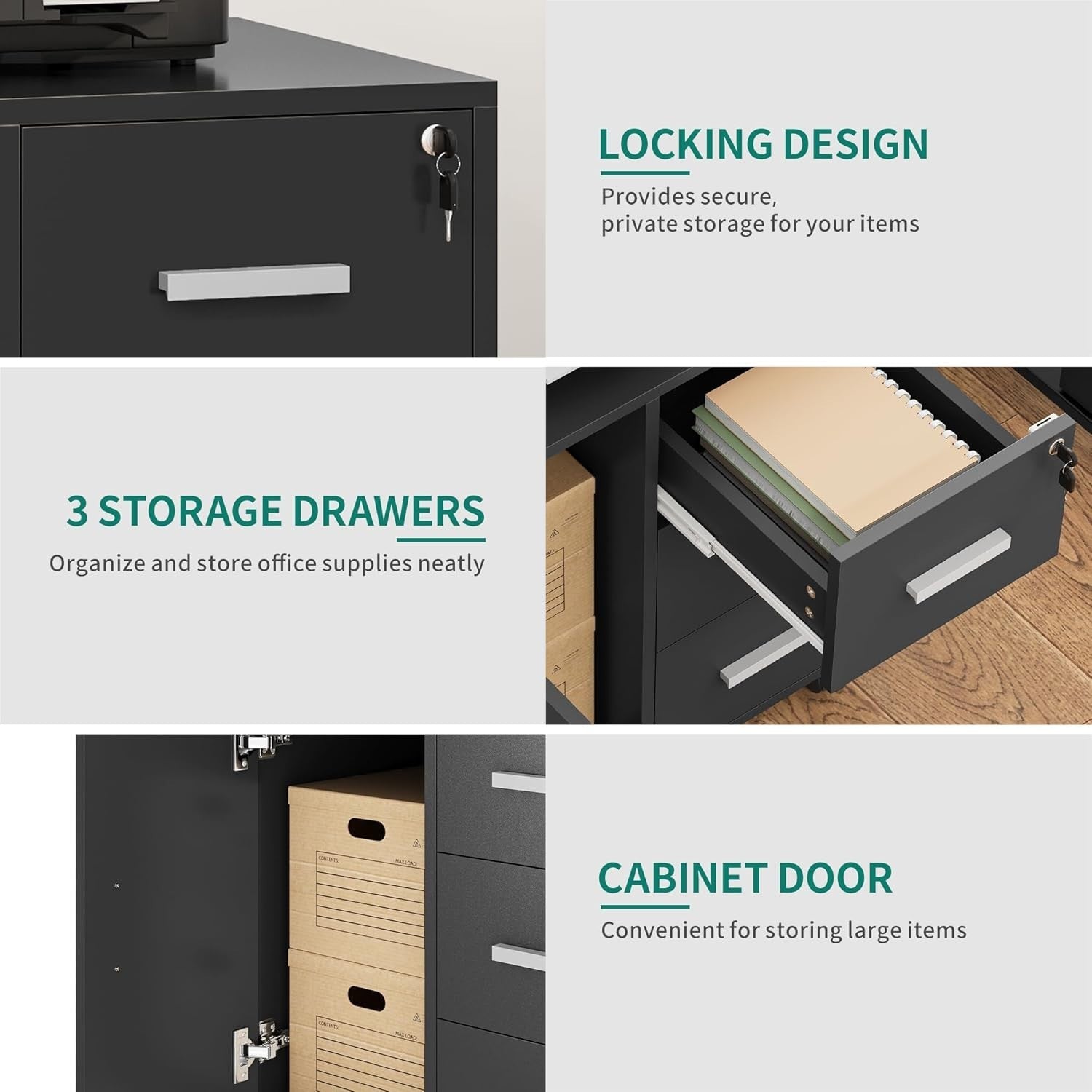 Locking Rolling Office Cabinet 3 Drawer Printer Stand Storage Unit Black