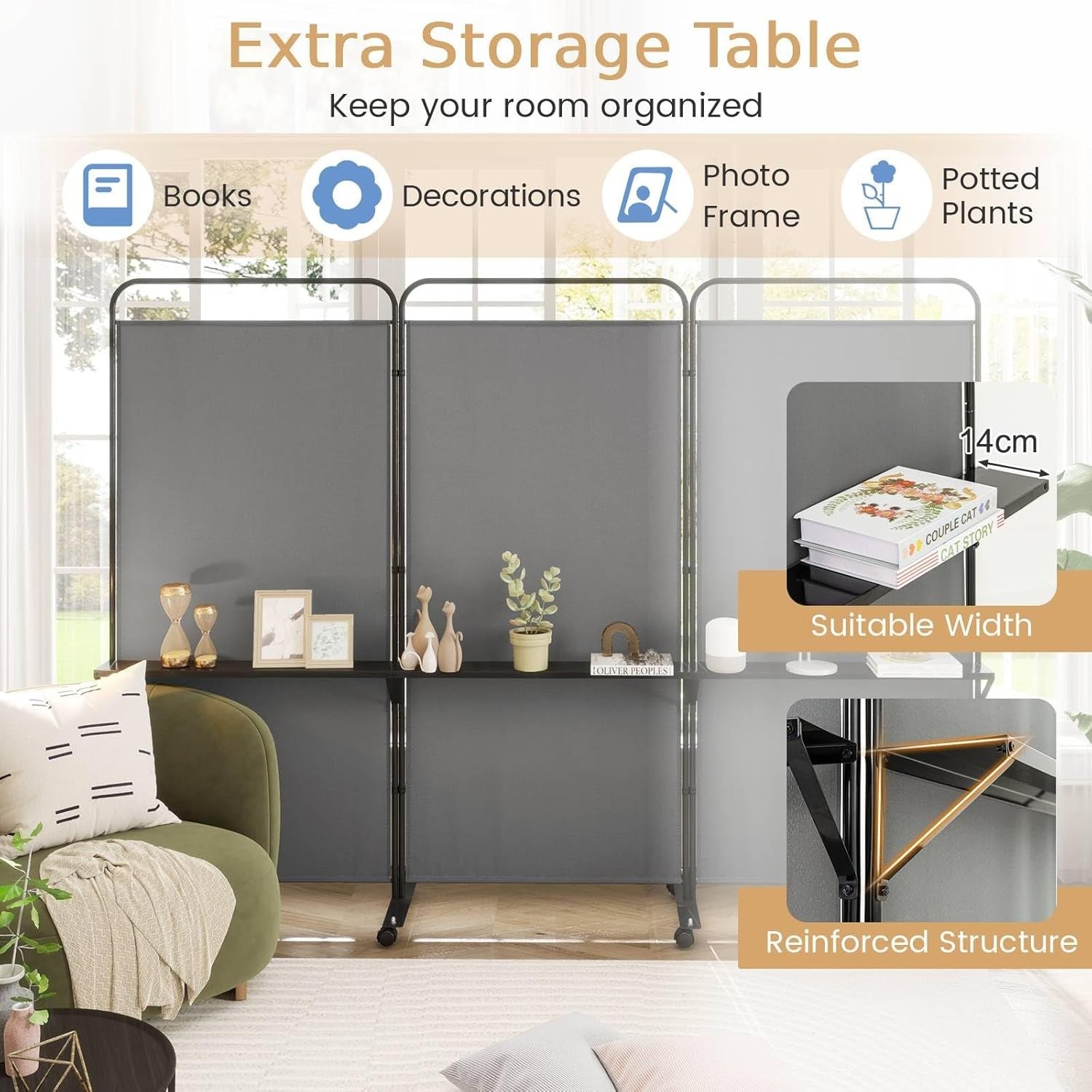 3 Panel Folding Room Divider with Shelves & Wheels 188cm Tall Privacy Screen