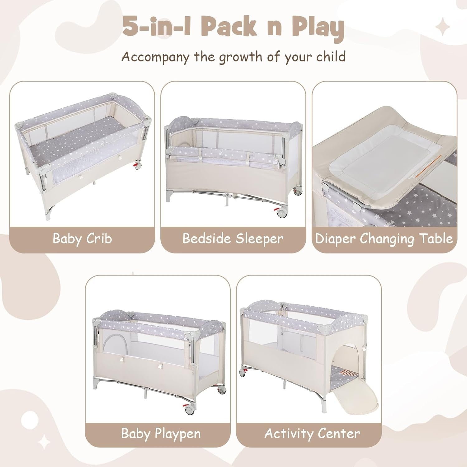 5in1 Baby Travel Cot Bedside Crib Bassinet w/ Mattress Changer Music Toys Beige