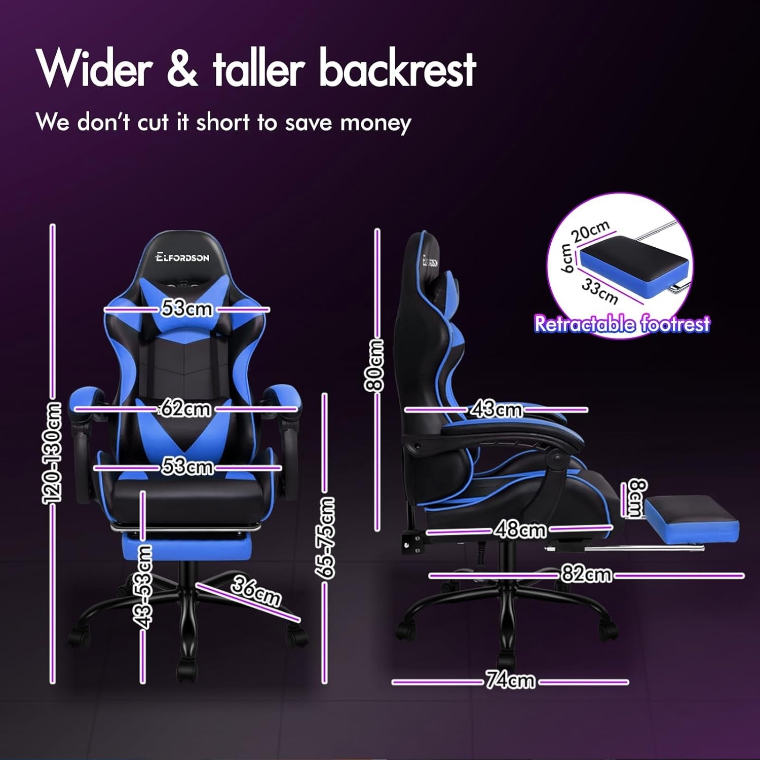 Blue Massage Gaming Chair Recliner w/ Footrest 150° Swivel PU