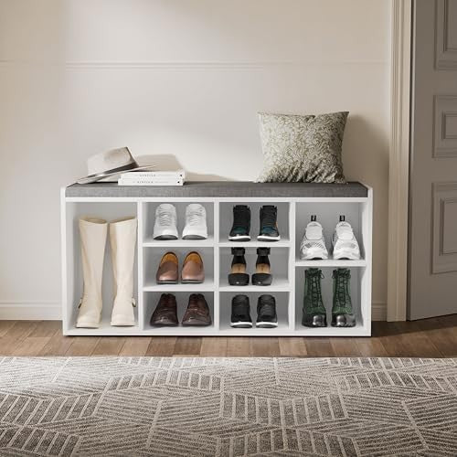 White Shoe Storage Bench with Cushion Seat 9 Cubes Adjustable Shelves Entryway