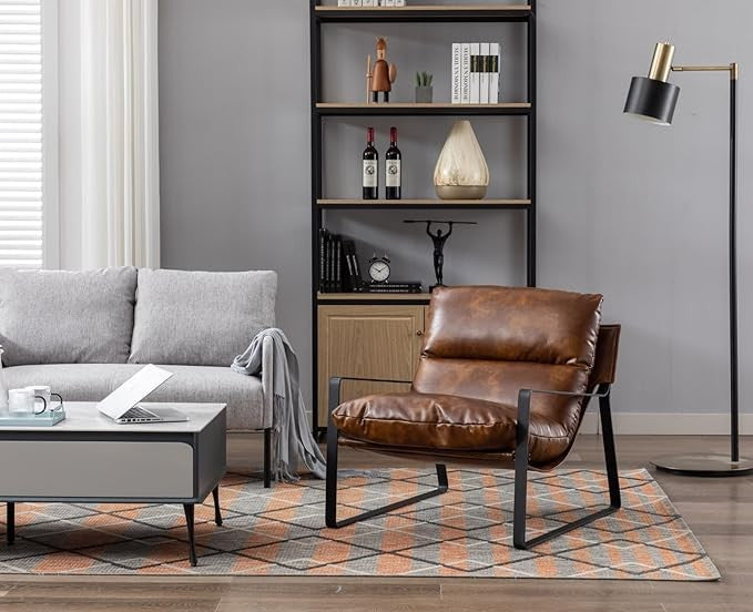 PU Leather Accent Armchair Metal Frame Tub Chair Brown