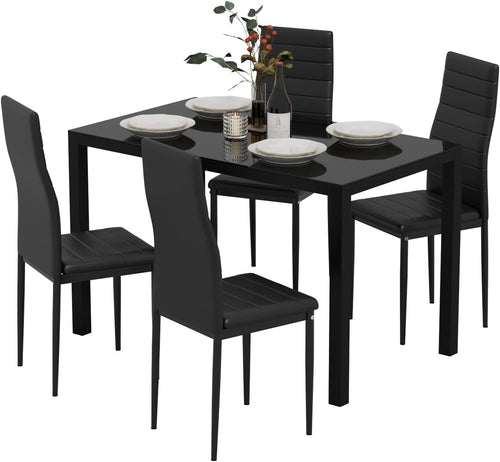 Modern 4-Seater Glass Dining Table with Faux Leather Chairs Black