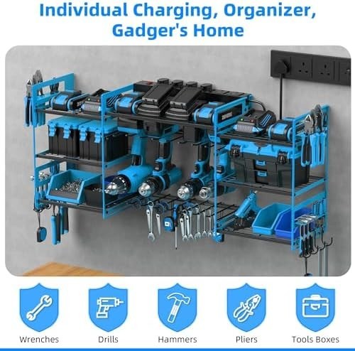 Wall Mounted Power Tool Organizer 8 Drill Charging Rack Blue