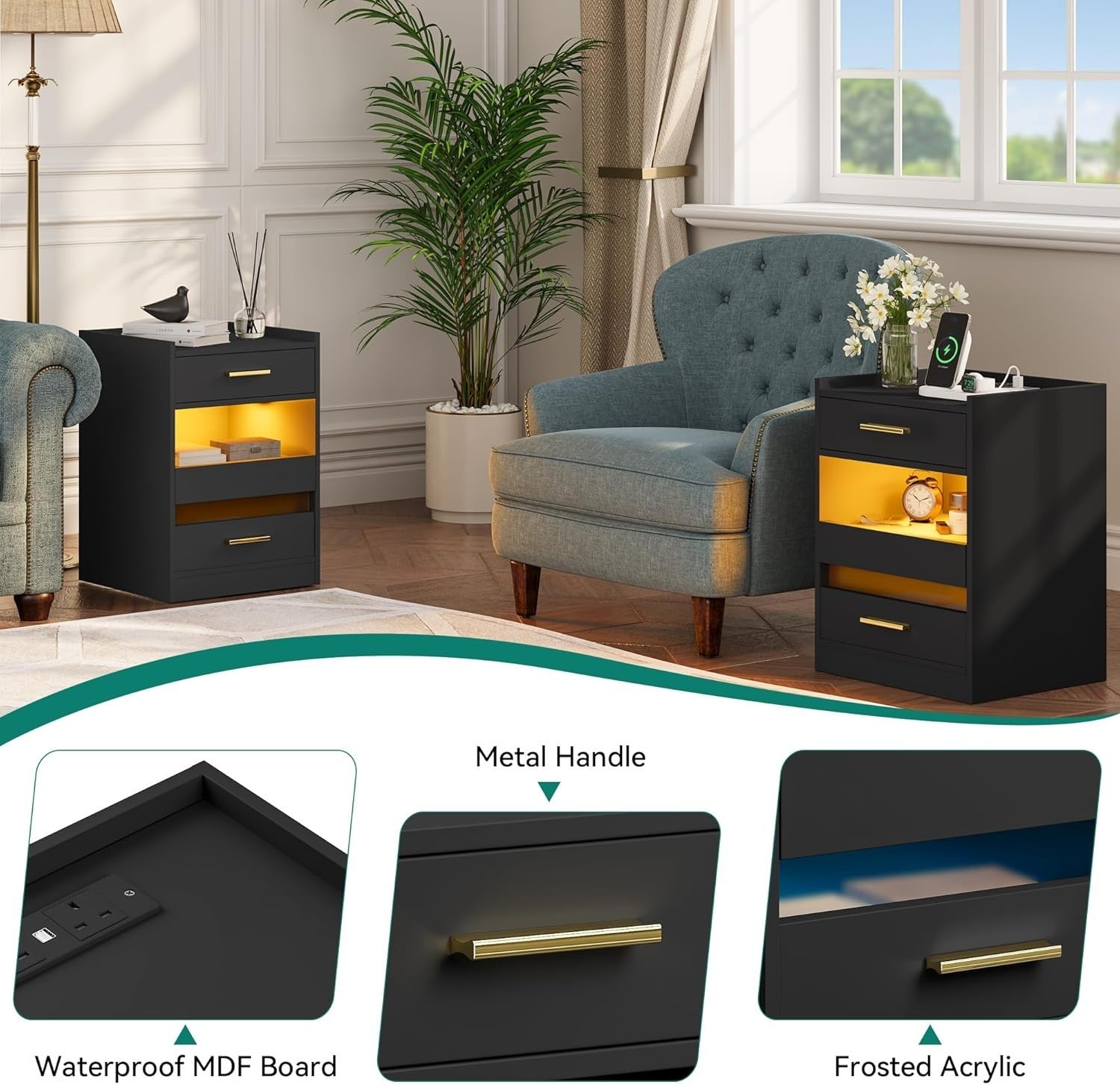 Modern Black LED Bedside Table with 2 Drawers & Tempered Glass