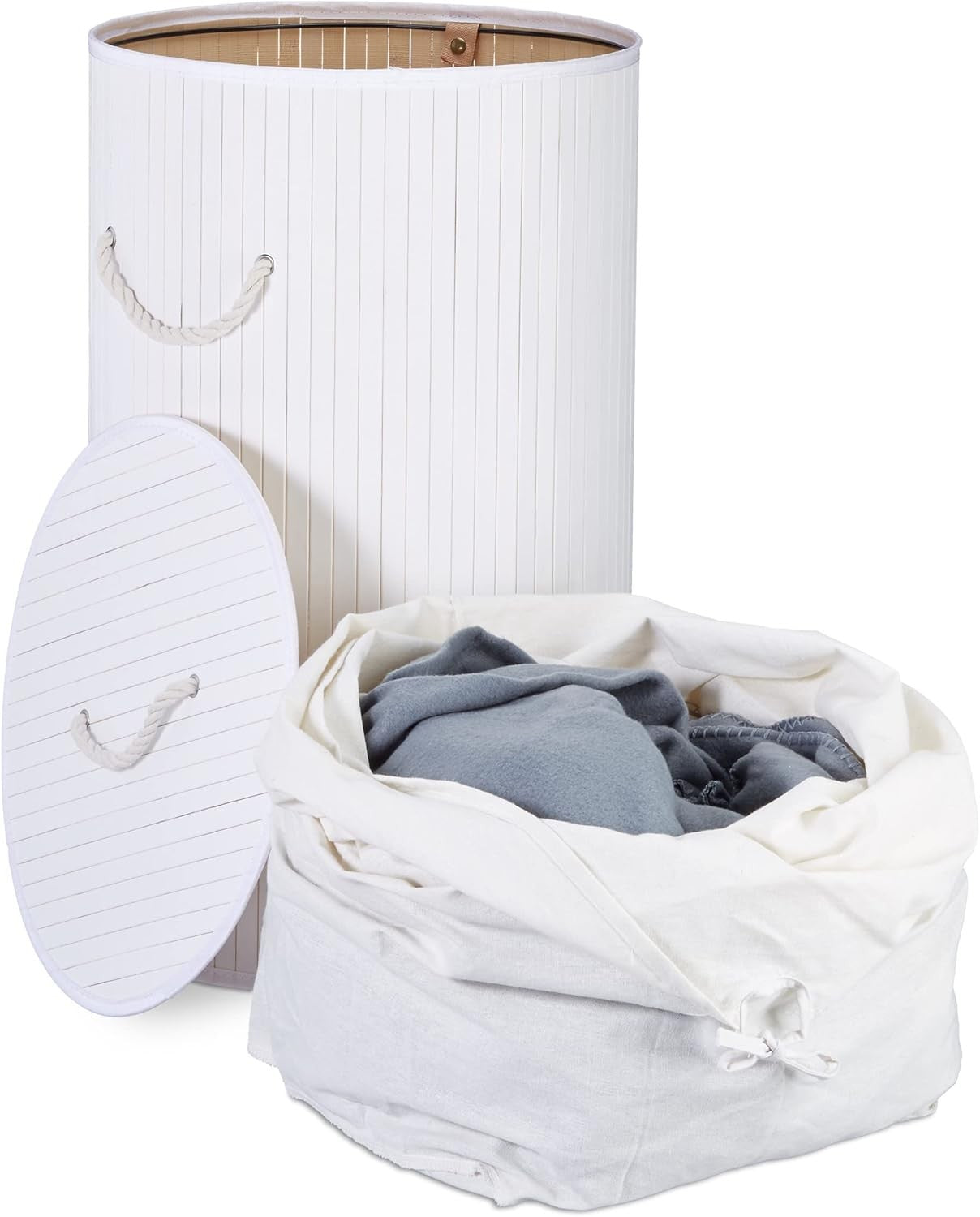White Round Bamboo Laundry Basket 80L with Lid & Cotton Liner Foldable 65×41cm