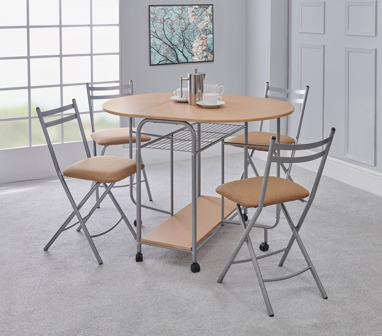 4-Piece Folding Dining Set Drop-Down Table and Chairs Oak Silver