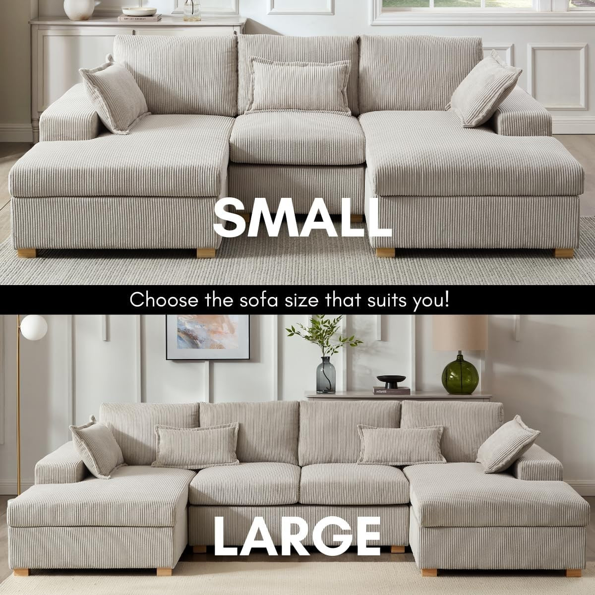 U-Shape Jumbo Cord Sofa Stone Grey 4-Seater | Deep Seat + Optional Footstool