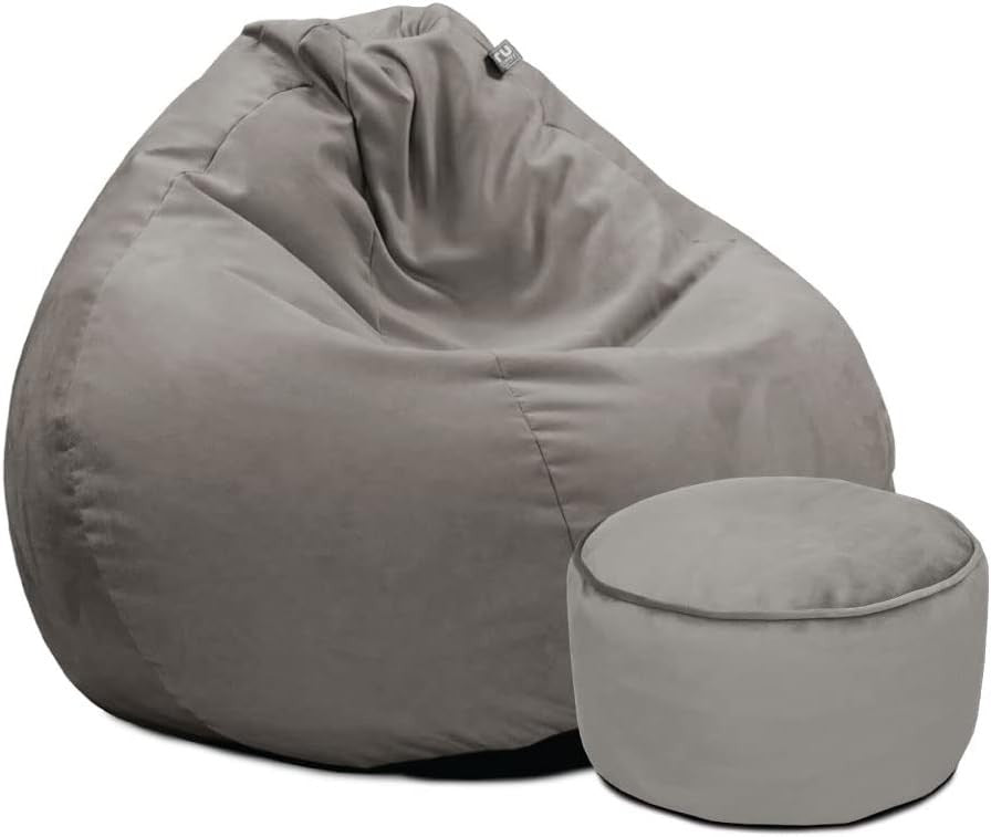 Grey Velvet Bean Bag Chair with Footstool - Adult Lounge Sofa Seat Set