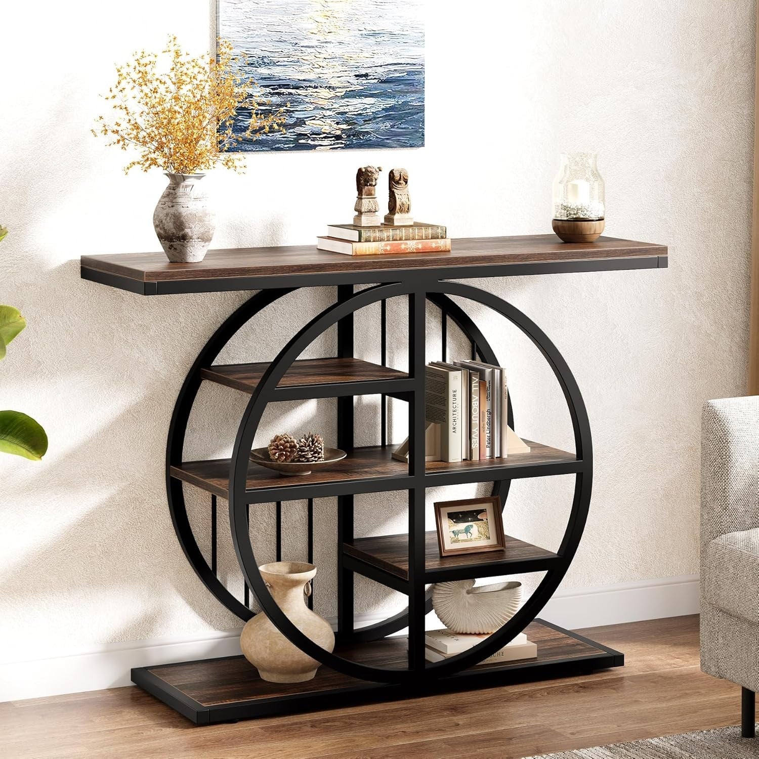 Industrial 5-Tier Console Table with Storage Shelves, Rustic Brown, 100cm