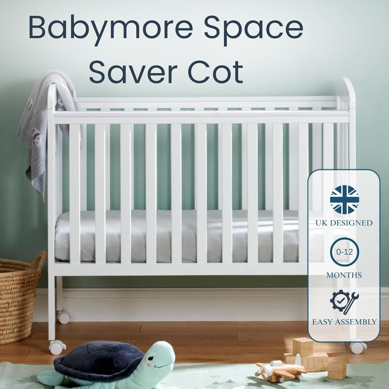 Space Saver Baby Cot Bed Adjustable Height with Wheels White Compact Crib White