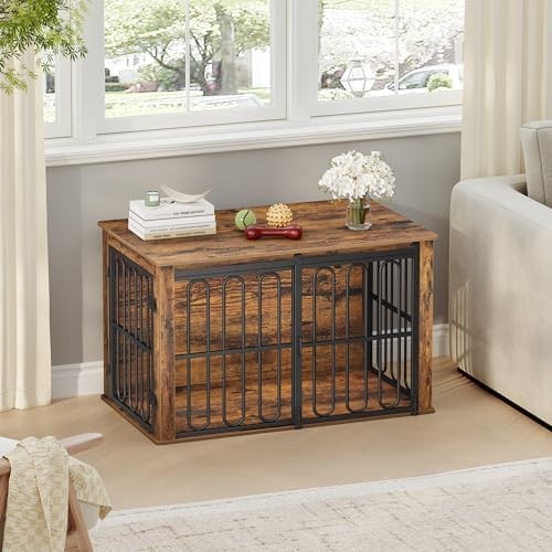 HEXCELEN Dog Crate Furniture Brown – Indoor Small/Medium Dog Cage & Side Table
