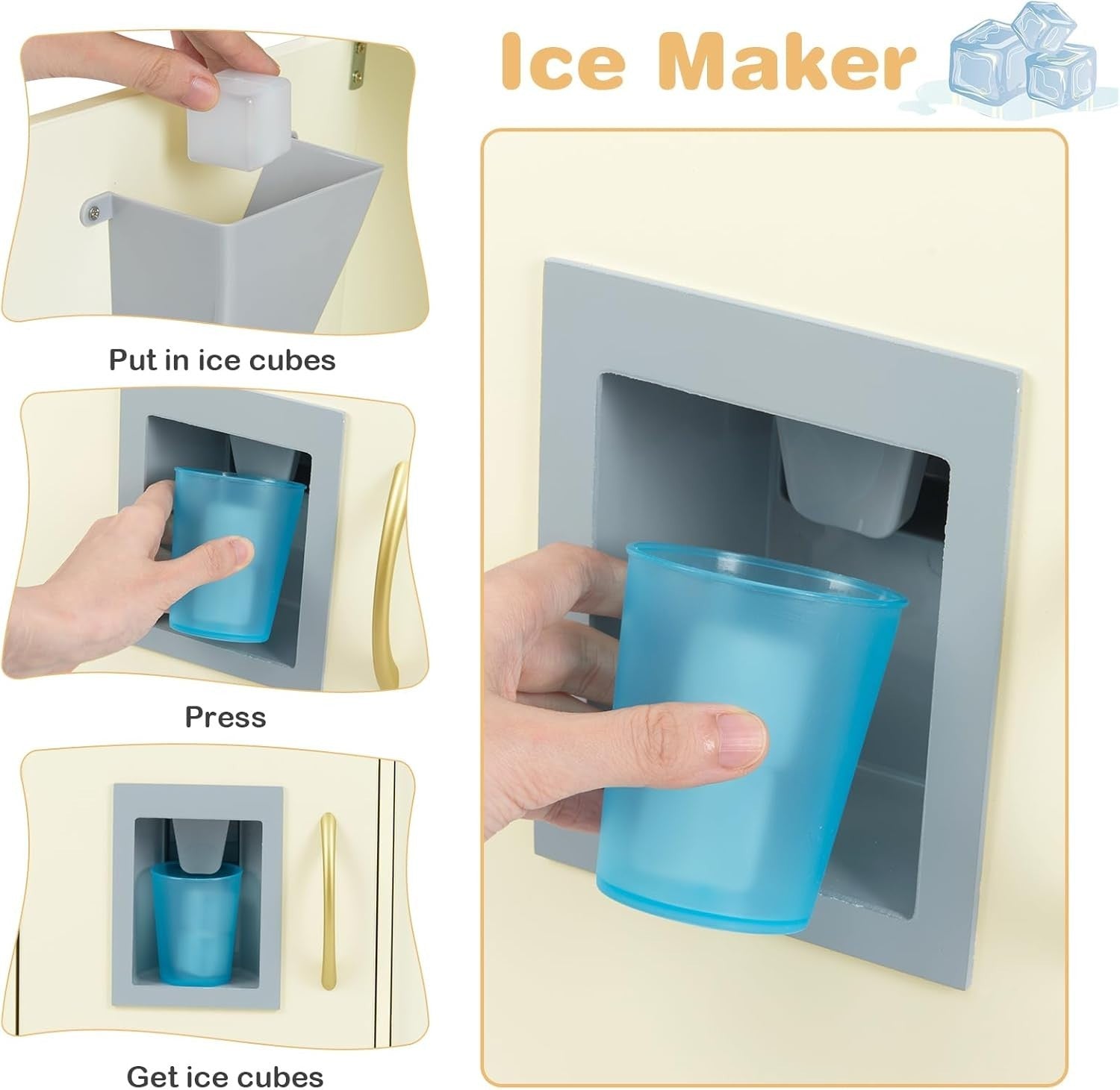 Kids Wooden Play Kitchen w/ Ice Maker Chalkboard Yellow Toy
