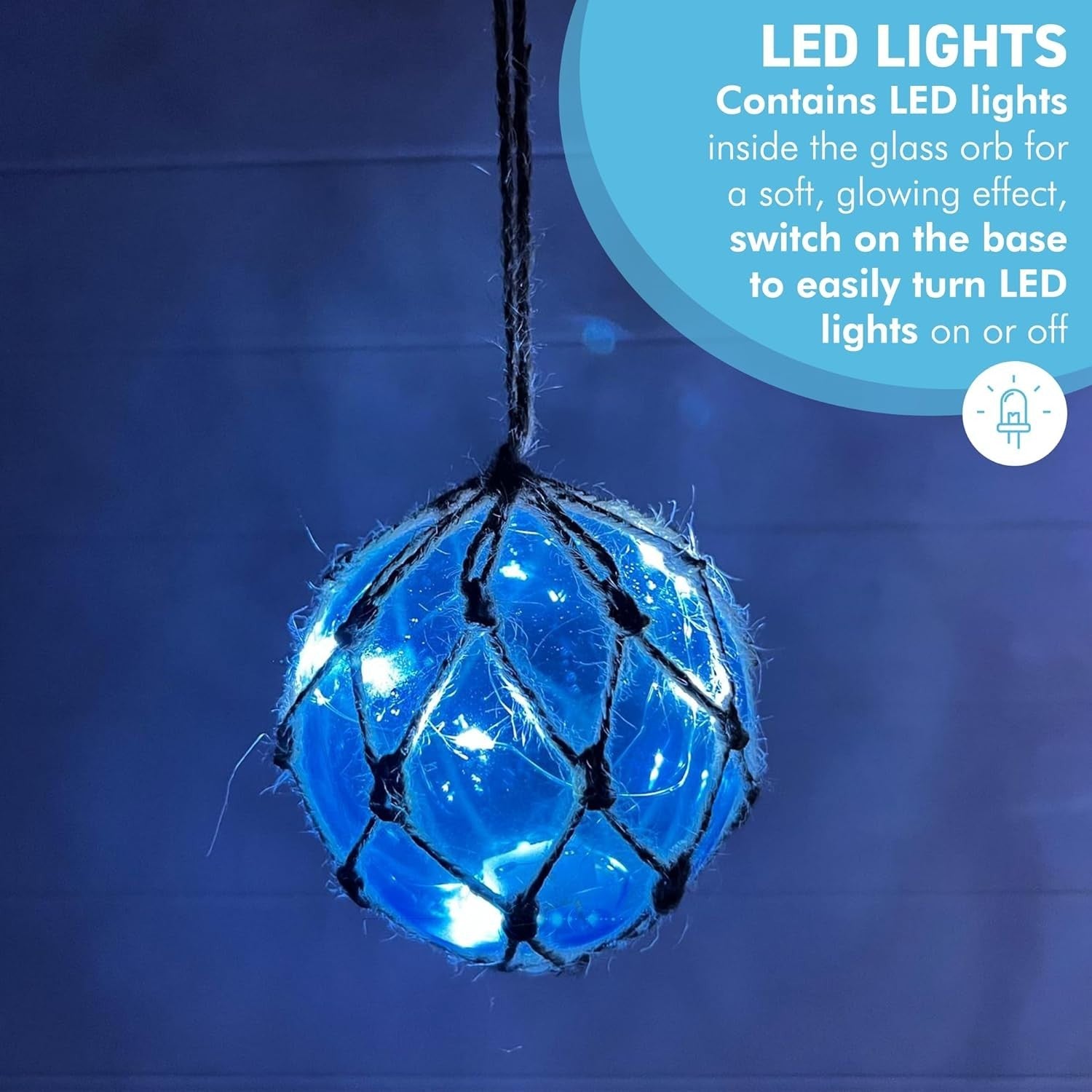 Turquoise Glass Fishing Buoy Light LED Nautical Decor Hanging Rope Beach Lamp