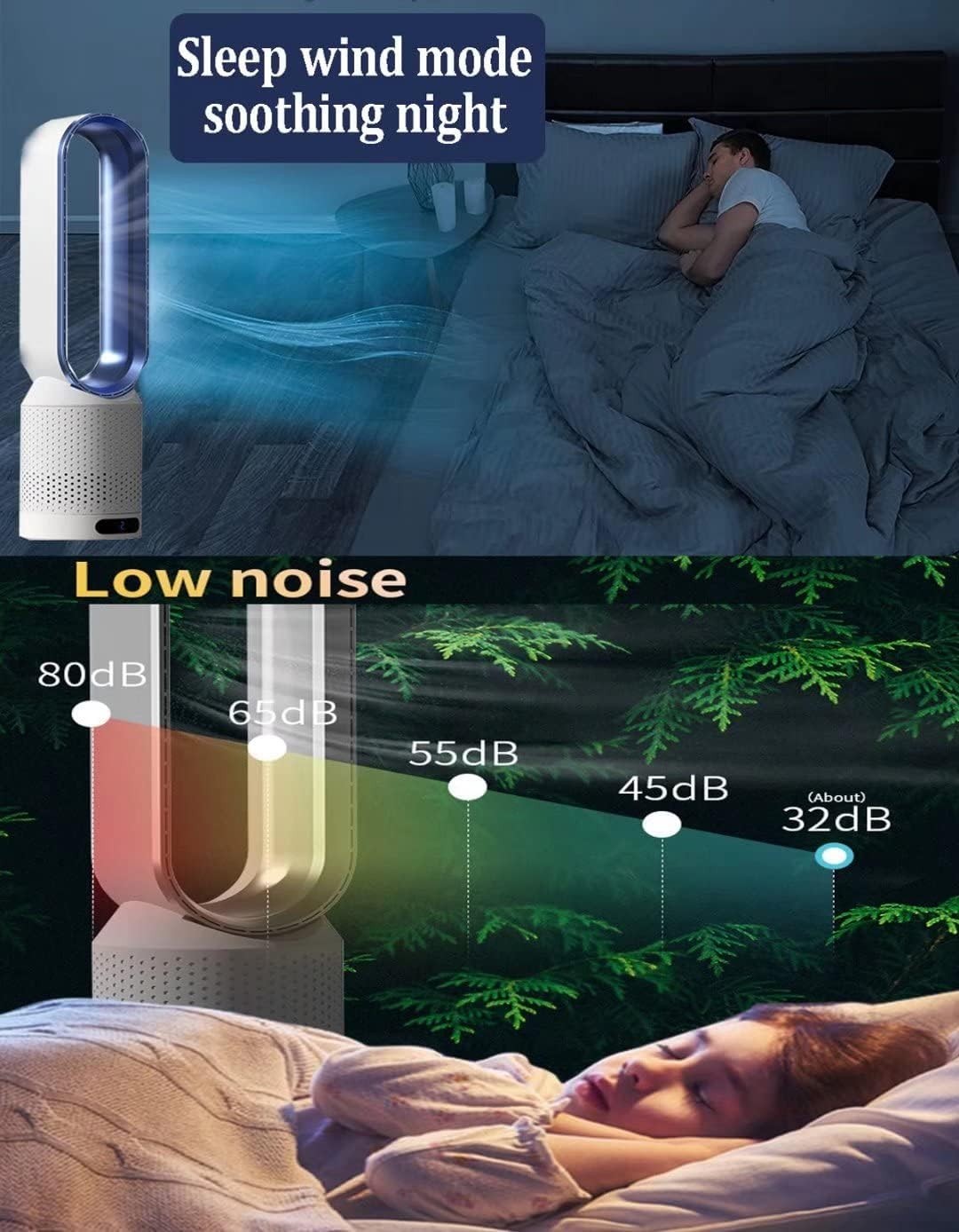 Bladeless Tower Fan 2-in-1 Air Purifier 8-Speed LED Touch Remote Control Blue
