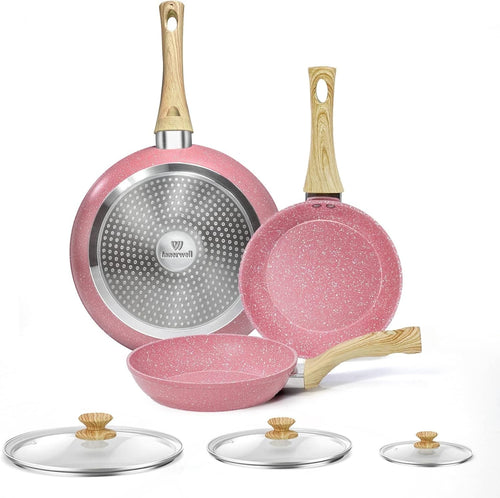 3Pcs Pink Non Stick Frying Pan Set with Lids 20cm 24cm 28cm Induction Ready