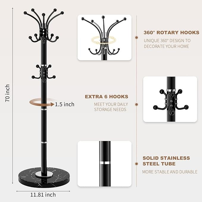 Black Metal Coat Rack Stand Marble Base 360° Rotating 16 Hooks Hall Tree