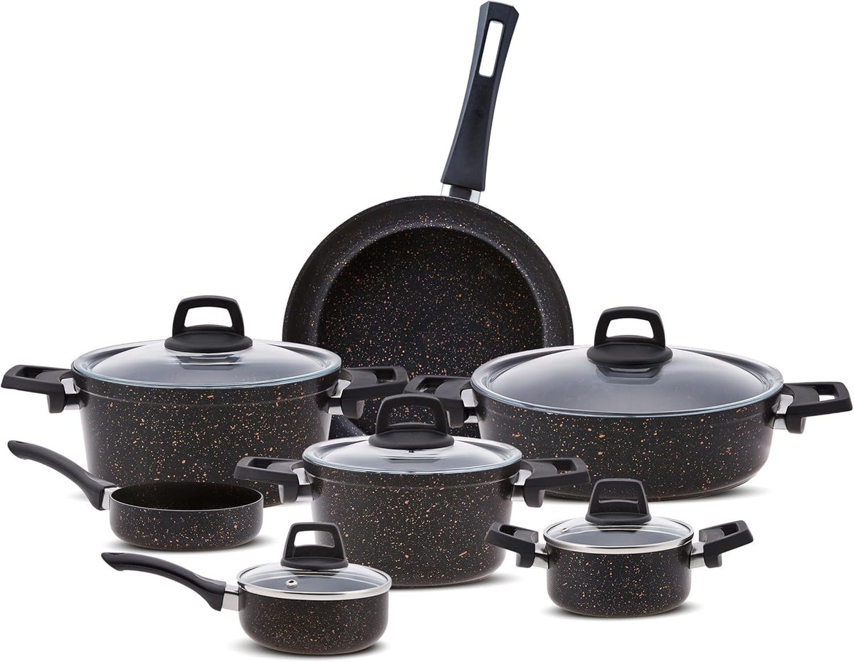 12pcs BlackGold Granite Non Stick Induction Cookware Set With Lid PFOA Free