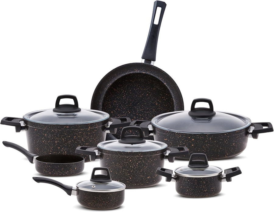 12pcs BlackGold Granite Non Stick Induction Cookware Set With Lid PFOA Free