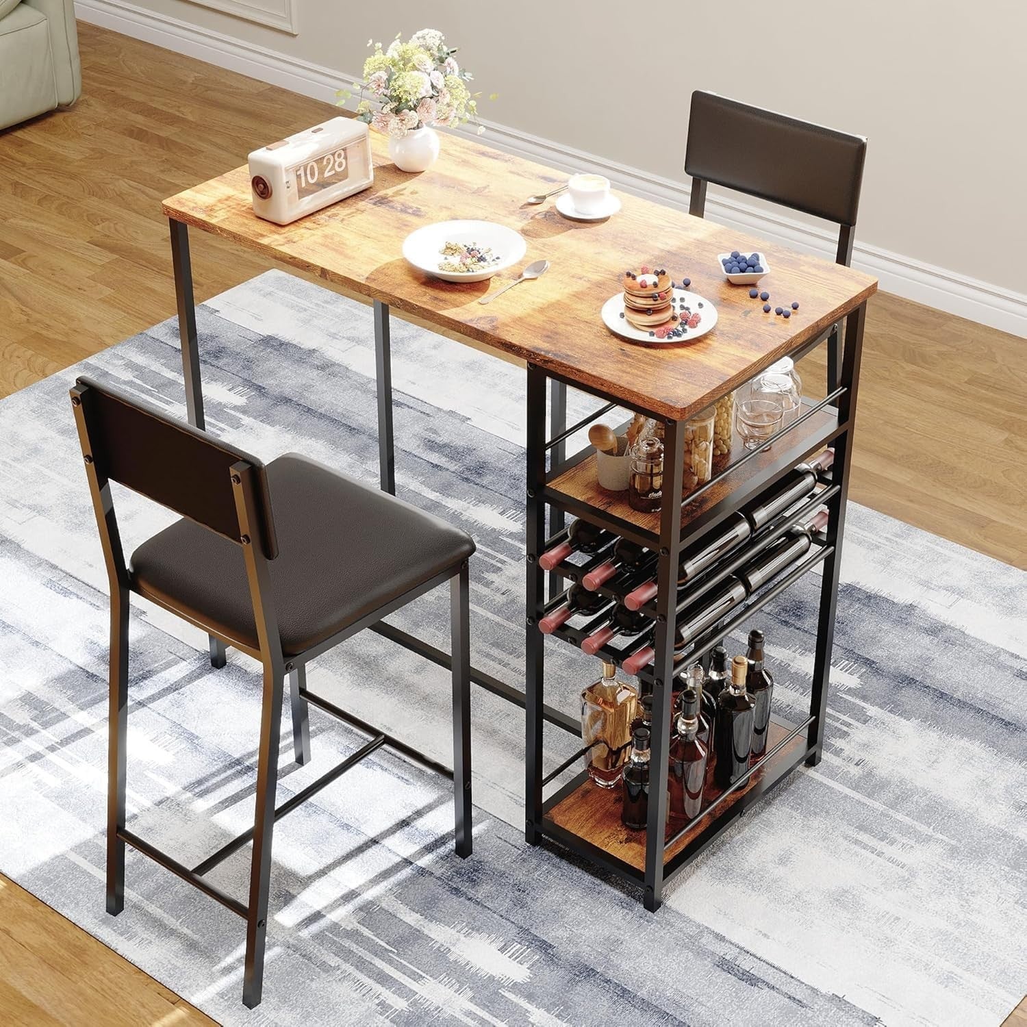 3-Piece Bar Table Set with Wine Racks and 2 Stools Metal Frame Dining Set
