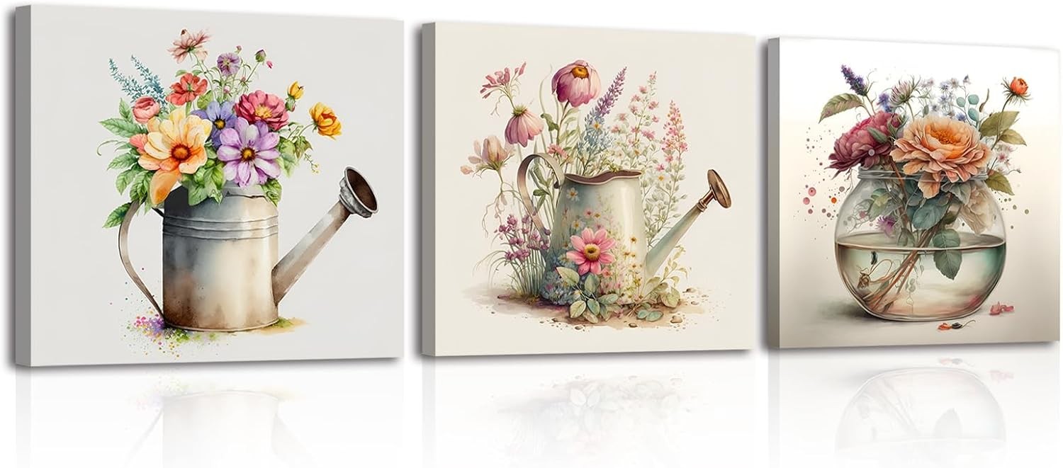 3 Piece Floral Wall Art Set Framed Retro Style 12x12 in Home Decor