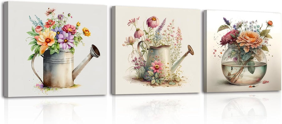3 Piece Floral Wall Art Set Framed Retro Style 12x12 in Home Decor