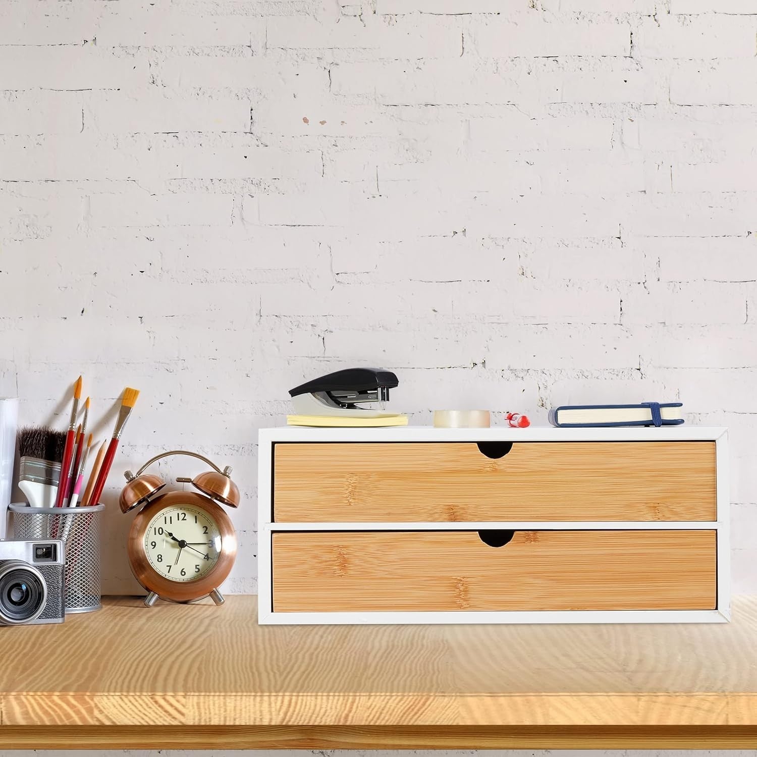 Desk Organiser with 2 Drawers – Bamboo & MDF Office Storage Box