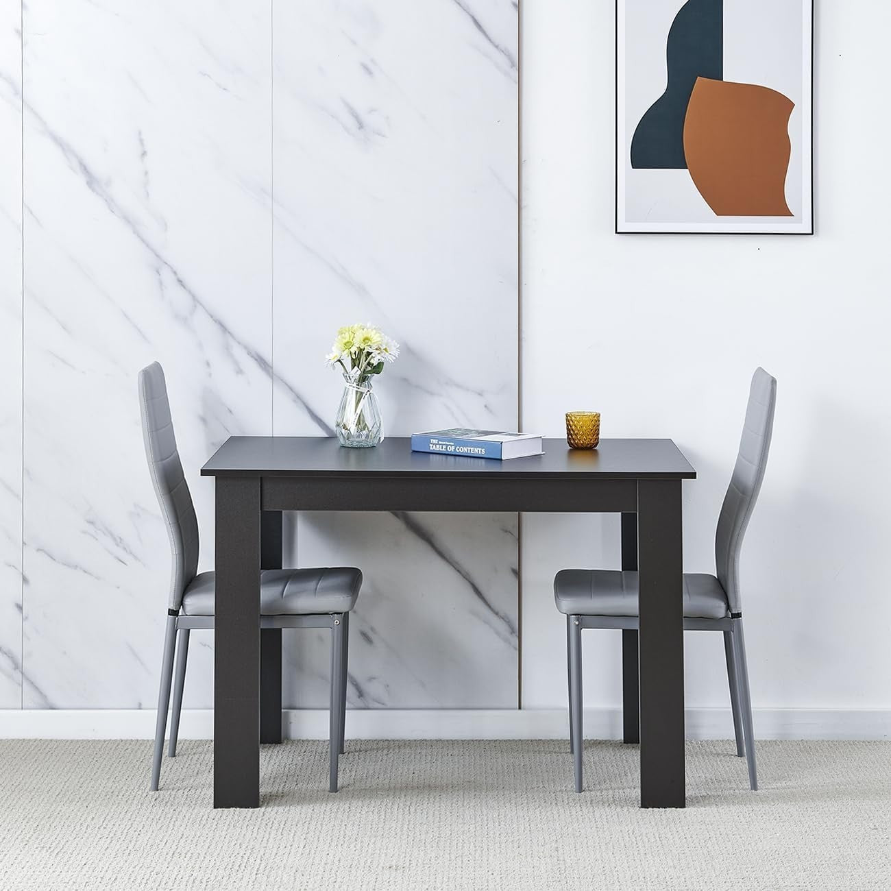 Black 5 Piece Dining Table Set with 2 Grey Chairs Modern Small Space