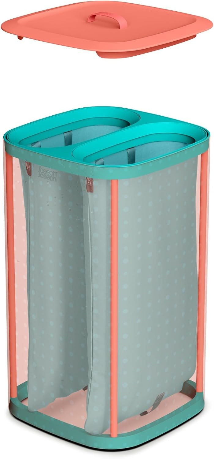 60L Dual Laundry Basket with Lid Removable Bags Coral Green Modern Design