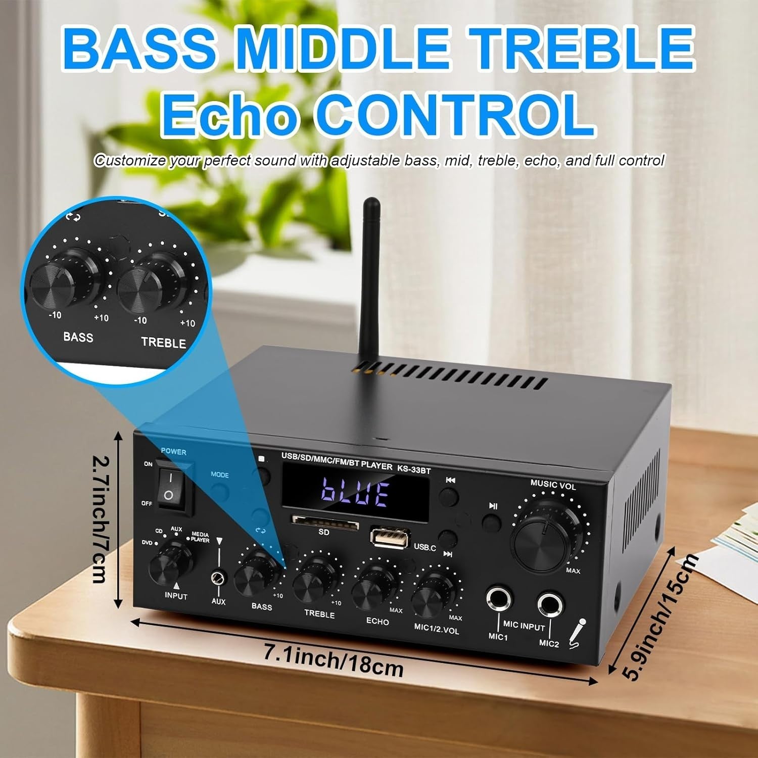 500W Bluetooth 5.0 Stereo Amplifier 2 Channel HiFi FM USB