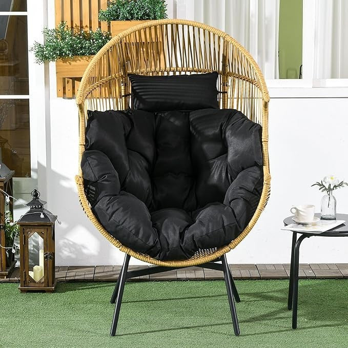 Outdoor Egg Chair Rattan Garden Seat w/ Cushion & Headrest – Adjustable Feet