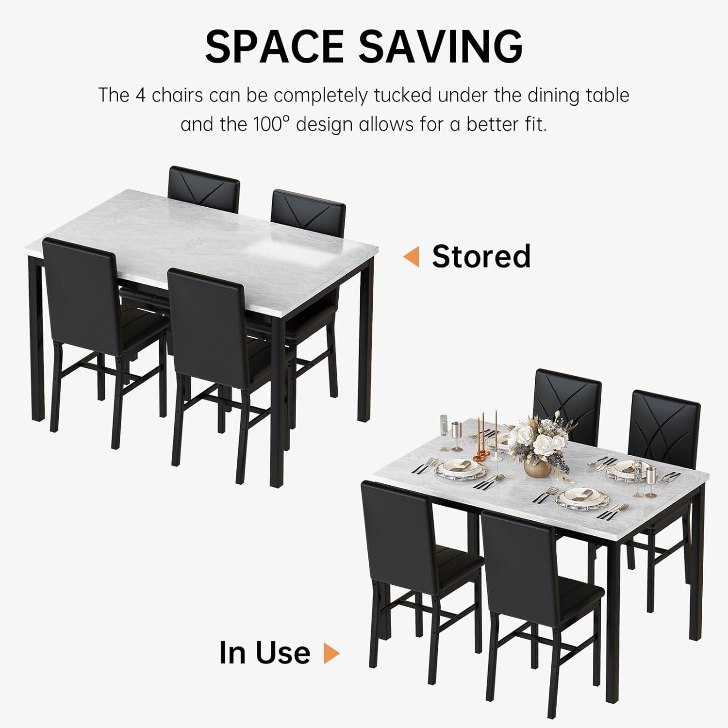4 Seater Dining Table Set Faux Marble Black PU Chairs Space Saving Modern