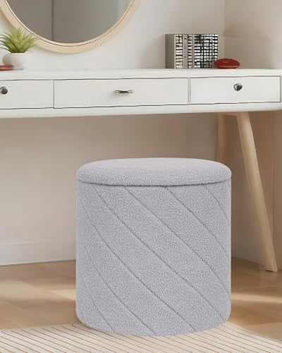 Grey Round Storage Ottoman Footstool 3-in-1 Seat with Lid 43x43x45cm