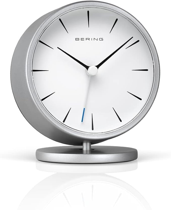 Silver Minimalist Analogue Alarm Clock Silent Quartz Modern Table